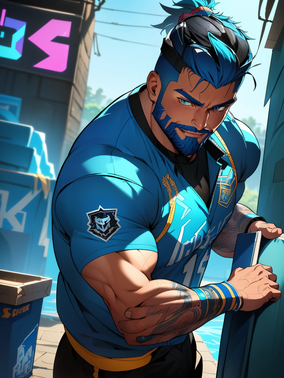 a close-up of a person with a beard and blue hair, fortnite character, ace a fortnite character, fortnite art style, realism in style of provide game, in fortnite skin, close-up character, epic character portrait, screenshot fortnite, fortnite skin, epic art style, provide game. octane rendering, close up character, stylized character (Best Quality, 4k, 8k, high resolution, Masterpiece: 1.2), ultra detailed, Male portrait, very detailed face, detailed facial features, muscular build, spectacular lighting