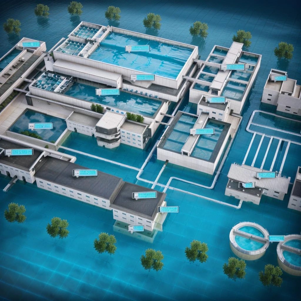 Image of a building with a swimming pool and lots of water, Isometric 3d rendering, Bioremediation Plant, extreamly detailed data center, Detailed Factory, High-tech environment, industrial plant environment, Detailed Data Center, Isometric drawing, 2D Axonometric Top View, Futuristic production facility, Pre-rendered isometric graphics，Internet of Things，Remove the text and white box in the picture
