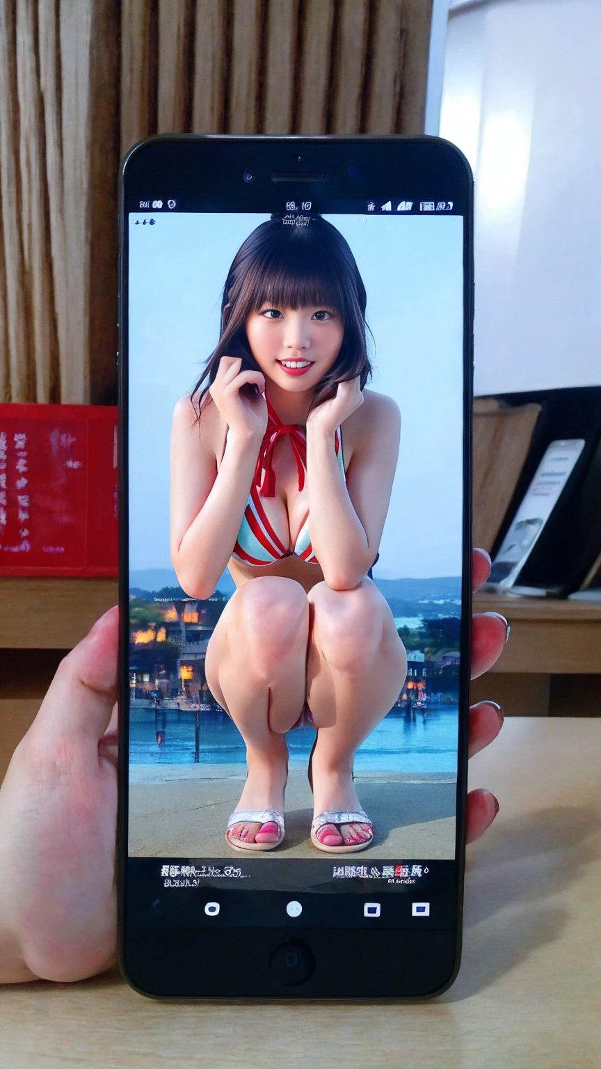 最high quality、high quality、Best image quality、8K、最High resolution、High resolution、最high quality、masterpiece、RAW Photos、whole body写真、Detailed and realistic human body、Detailed and realistic skin、Realistic face in every detail、Detailed and realistic eyes、Detailed and realistic lips、Detailed and realistic teeth、Detailed and realistic ears、Detailed and realistic hair、Realistic reproduction of every detail、((Beautiful Hands(thumb１、reference４))、Realistic feet down to the last detail、((Beautiful Japanese Girl))、(Japanese Model)、 ((18 year old beautiful girl))、(Black Hair)、(Random Hairstyles)、((whole body))、((Slim and perfect figure))、(Beautiful and firm breasts)、(whole body光沢肌、Fair skin)、((Girl in striped bikini))、((A girl trapped inside a smartphone screen))、((A girl completely trapped inside a smartphone screen))、((Put her perfectly on your smartphone screen))、((彼女のwhole bodyがすっぽりと入る大きなスマホ画面))、((Take a picture of her in a bikini with your smartphone))、((Squat with your legs wide apart))、((I look at her bikini body on my smartphone screen))