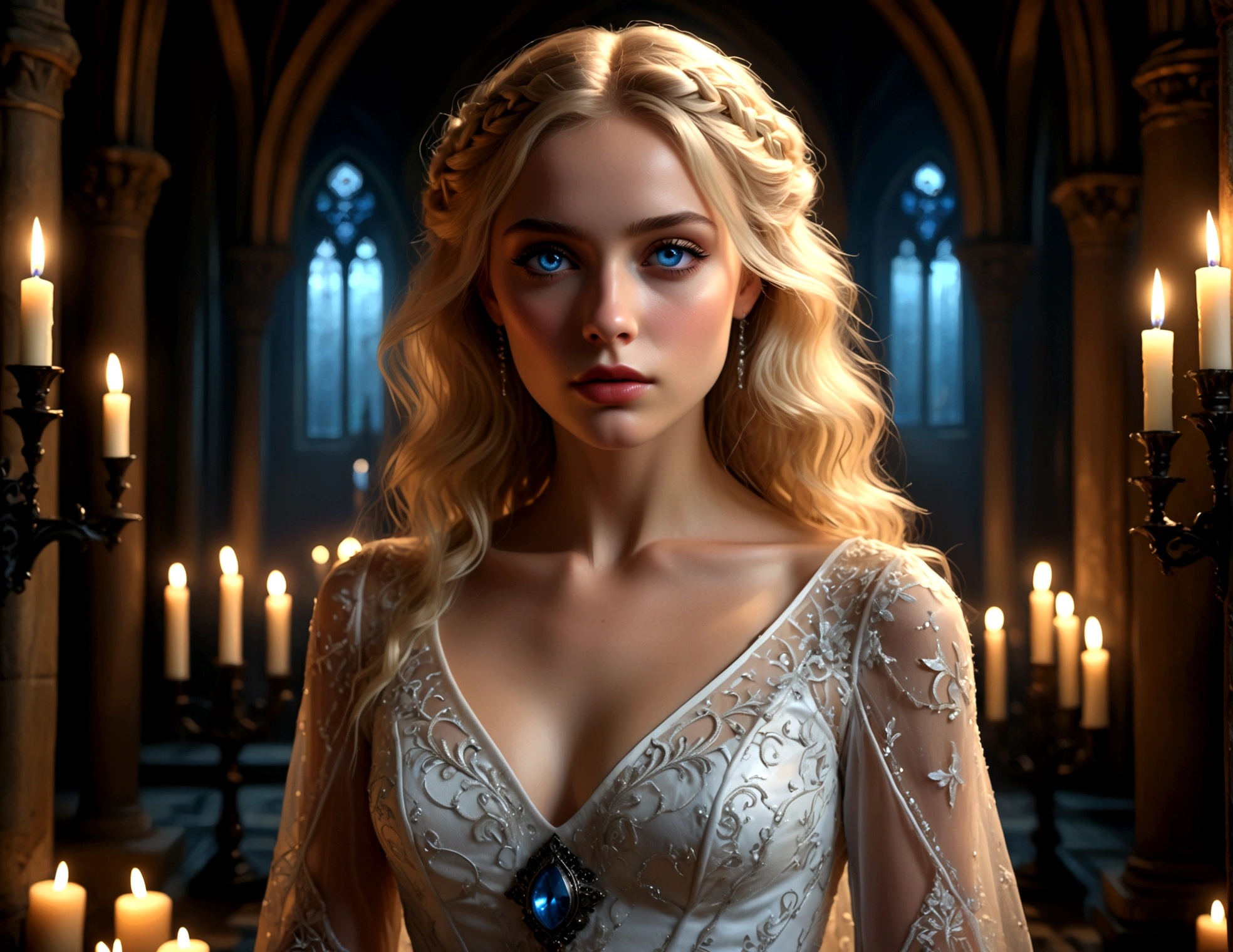 a beautiful young woman with blonde hair wearing a sheer white dress, detailed facial features, sparkling blue eyes, delicate lips, long eyelashes, elegant posture, lavish and ornate magic dungeon background, high ceilings, glowing candles, gothic architecture, moody lighting, dramatic shadows, photorealistic, hyper detailed, cinematic, 8k, (best quality,4k,8k,highres,masterpiece:1.2),ultra-detailed,(realistic,photorealistic,photo-realistic:1.37),dramatic lighting,rich colors,female portrait,cinematic,fantasy,gothic,dark,dramatic