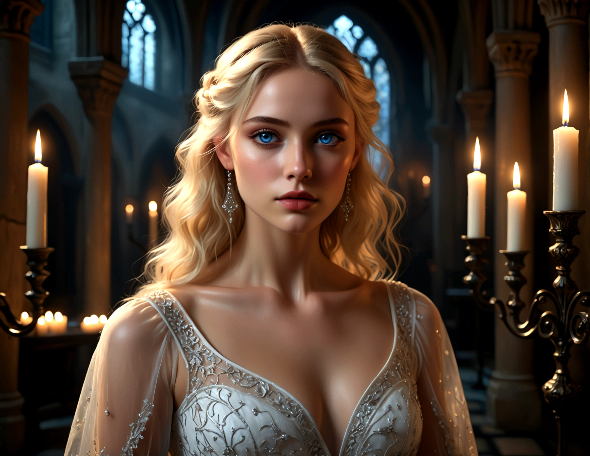 a beautiful young woman with blonde hair wearing a sheer white dress, detailed facial features, sparkling blue eyes, delicate lips, long eyelashes, elegant posture, lavish and ornate magic dungeon background, high ceilings, glowing candles, gothic architecture, moody lighting, dramatic shadows, photorealistic, hyper detailed, cinematic, 8k, (best quality,4k,8k,highres,masterpiece:1.2),ultra-detailed,(realistic,photorealistic,photo-realistic:1.37),dramatic lighting,rich colors,female portrait,cinematic,fantasy,gothic,dark,dramatic