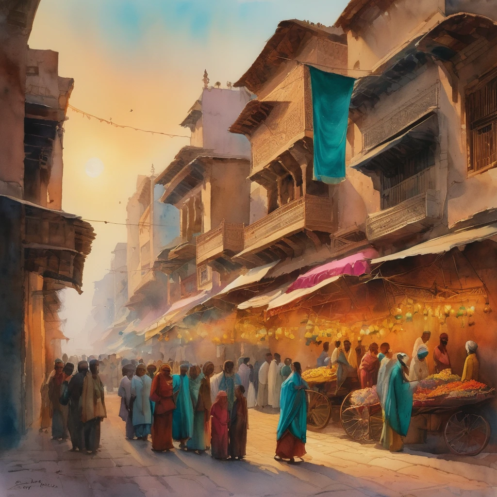 a landscape watercolor painting of silk merchants outside Antoquia, camels, people in a street market, at dusk, under a rose and teal sky, silk, spice, and ivory merchants gather in the street, masterpiece, vivid colors, warm lighting, detailed architecture, intricate patterns, ornate fabrics, bustling crowd, atmospheric haze, golden hour