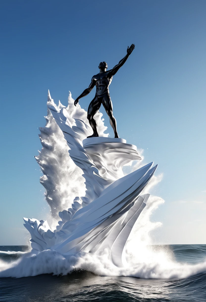 Full body shot of a black man sculpture standing on top of an ocean wave sculpture ascending like a rocket to the skies, the art piece is on a shiny reflecting surface. 32k ultra HD, unreal engine rendered, hyper-realistic image,