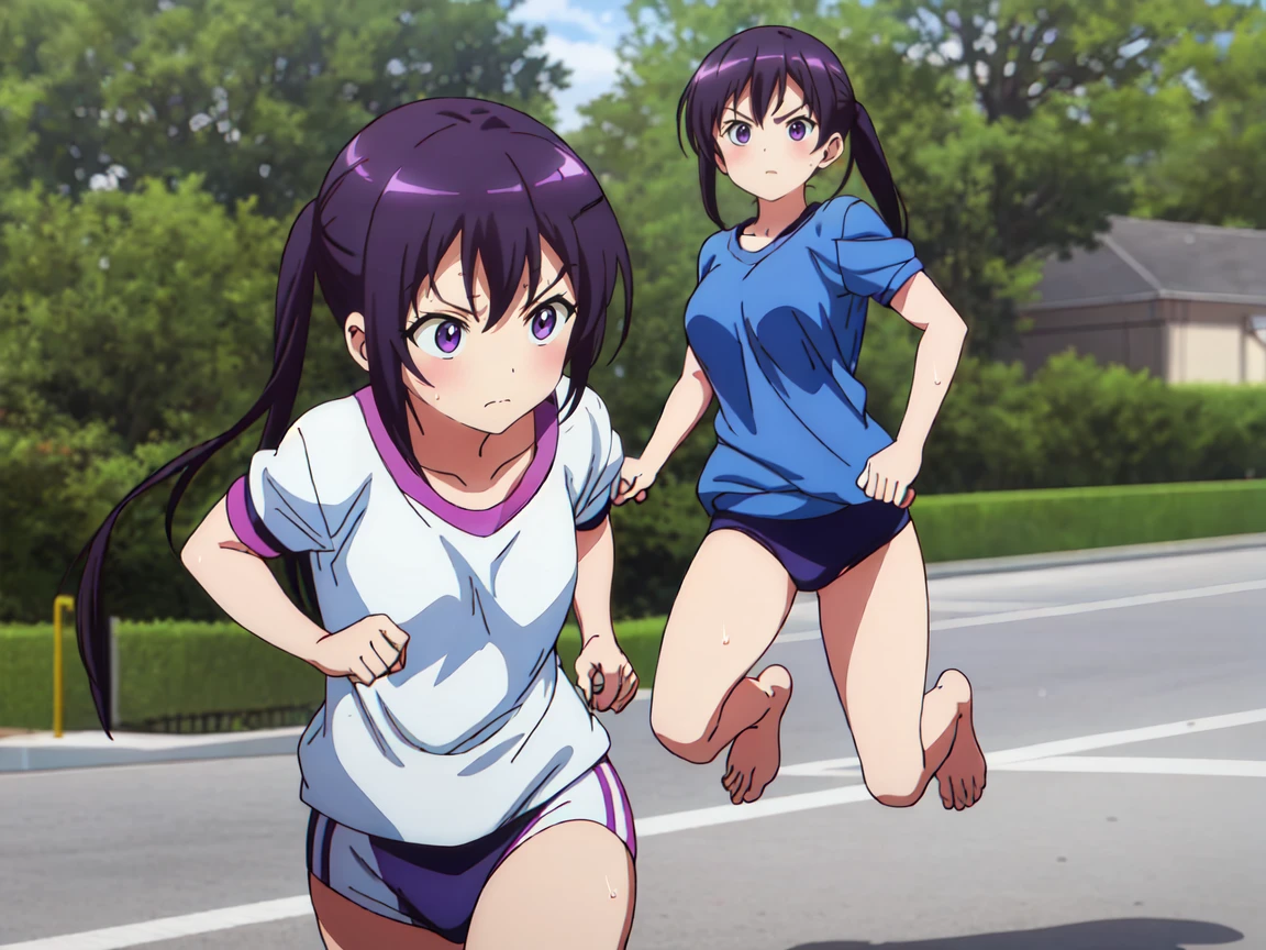 A girl with a tired expression、Let me dash around the schoolyard,girl running,gym shirts,Highest quality,back view,1990s anime style,White shirt and blue bloomers,Angry expression,barefoot,The girl is sweating、Running with a tired look,