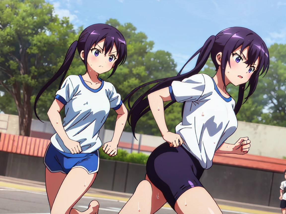 A girl with a tired expression、Let me dash around the schoolyard,girl running,gym shirts,Highest quality,back view,1990s anime style,White shirt and blue bloomers,Angry expression,barefoot,The girl is sweating、Running with a tired look,