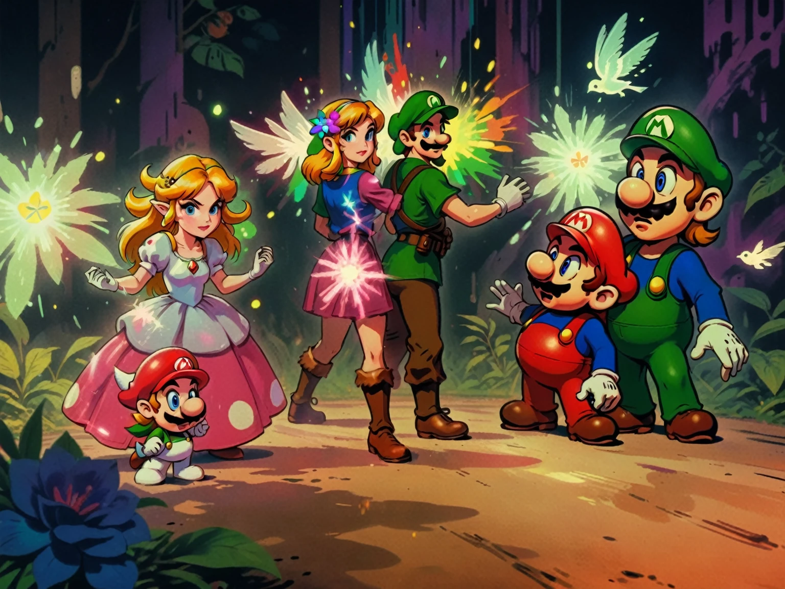 1990's animated tv show screengrab, subliminal fireflies and glowing flowers, Legend of Zelda crossover Mario Bros. , VHS, glitch, distorted, nostalgia, 90's retro vibes, analog tape, vcr aesthetics, tv, television, comic 1990's, animated tv show screengrab, Zelda and Super Mario cast dancing stanky boogie, cinematic poster, image within image, multiple exposure, massive scale, rich color grading for shading depth, hand drawn rotoscope cartoon realism, chiaroscuro lighting, mixed media, vintage comic, retro original design, 1990's comic, sense of movement energy, taking flight, tropical rot, rewilding, (full roygbiv color) ink charcoal expressive illustration, Zelda and Mario aesthetics