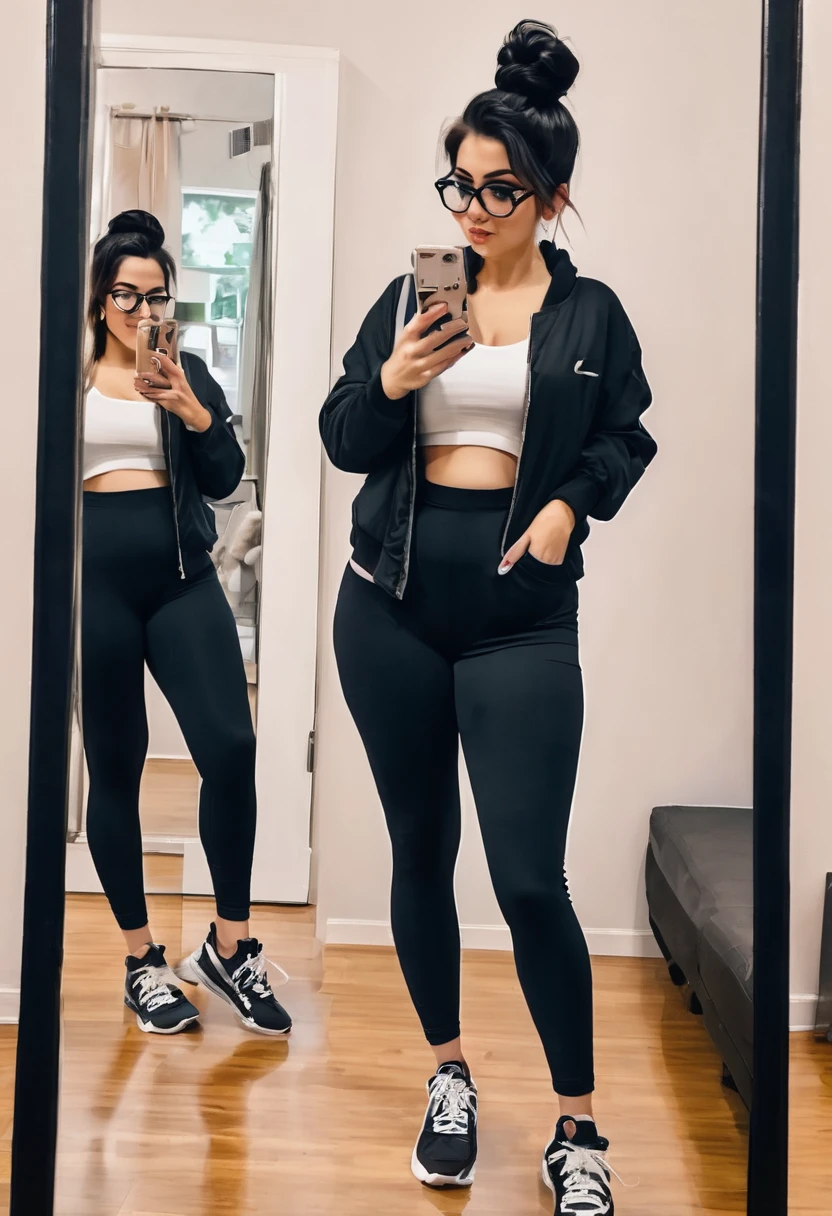 white girl a little chubby, culona, wide legs, waist a little big, with black leggings, a black and white jacket, short black hair with bun and oval glasses, taking a selfie of their entire body in the mirror