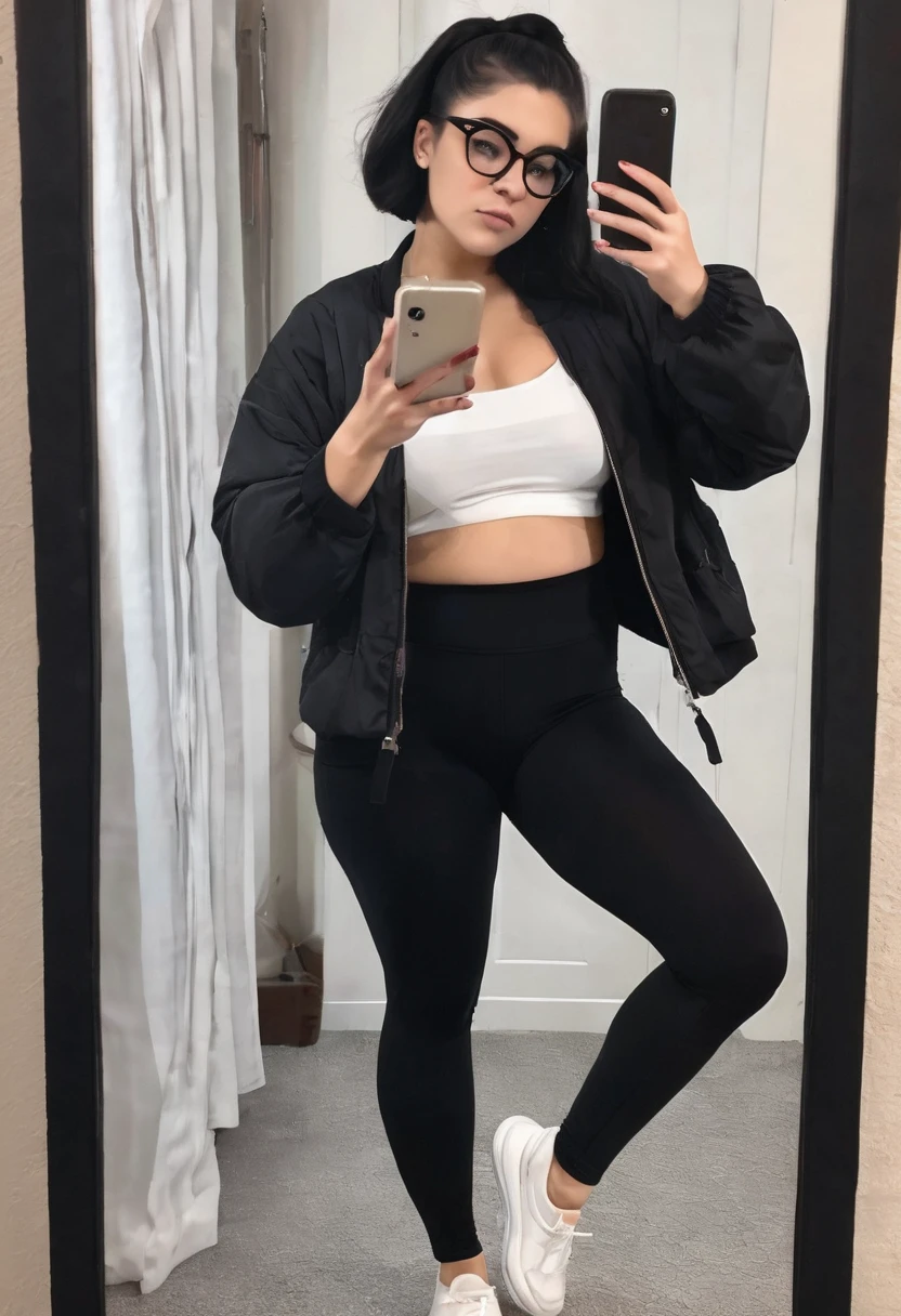 white girl a little chubby, culona, wide legs, waist a little big, with black leggings, a black and white jacket, short black hair with bun and oval glasses, taking a selfie of their entire body in the mirror