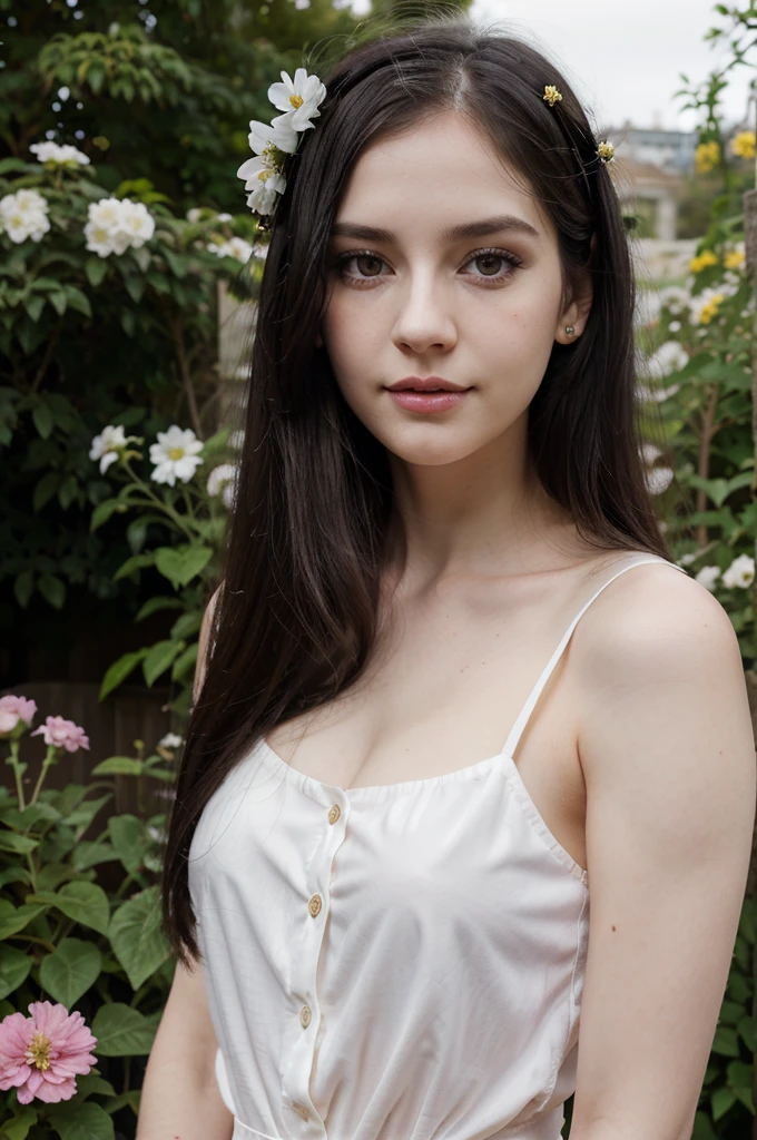 1 woman, 25 years old, british, pale skin, white skin, black hair, straight hair, long hair, onyx black eyes, straight nose, small button nose, big eyes, long eyelashes, very pretty woman, pink lips, slightly smile, black blouse, flower crown, in the garden