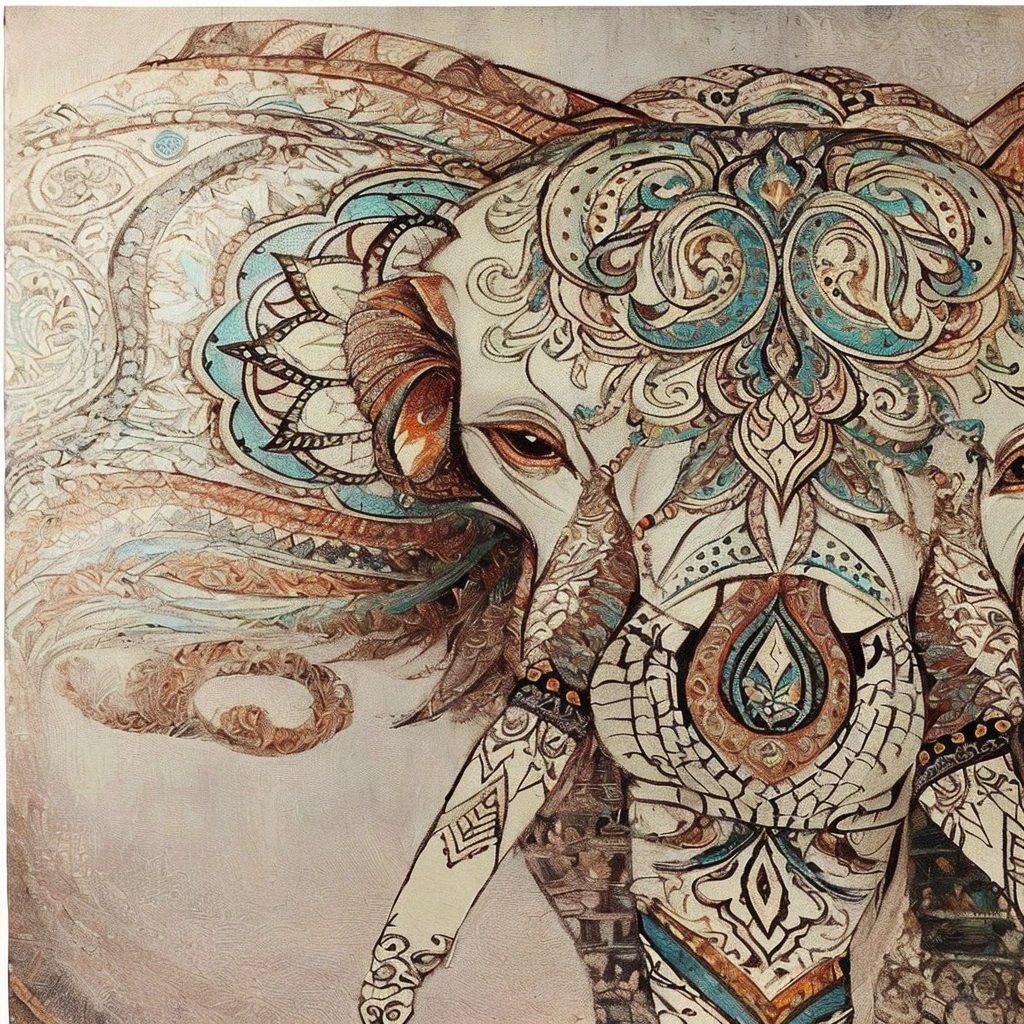 painting of an elephant with a big head and many patterns, colorful elephant art, extremely complex, intricate artwork, incredibly complex, highly intricate, extremely complex and detailed, highly intricate detailed, highly detailed and hypnotic, intricate highly detailed, complex and highly detailed, very complex art, masterful intricate artwork, intricate artwork masterpiece, intricate tapestry, exceedingly incredibly complex. Create new versions inspired by this image