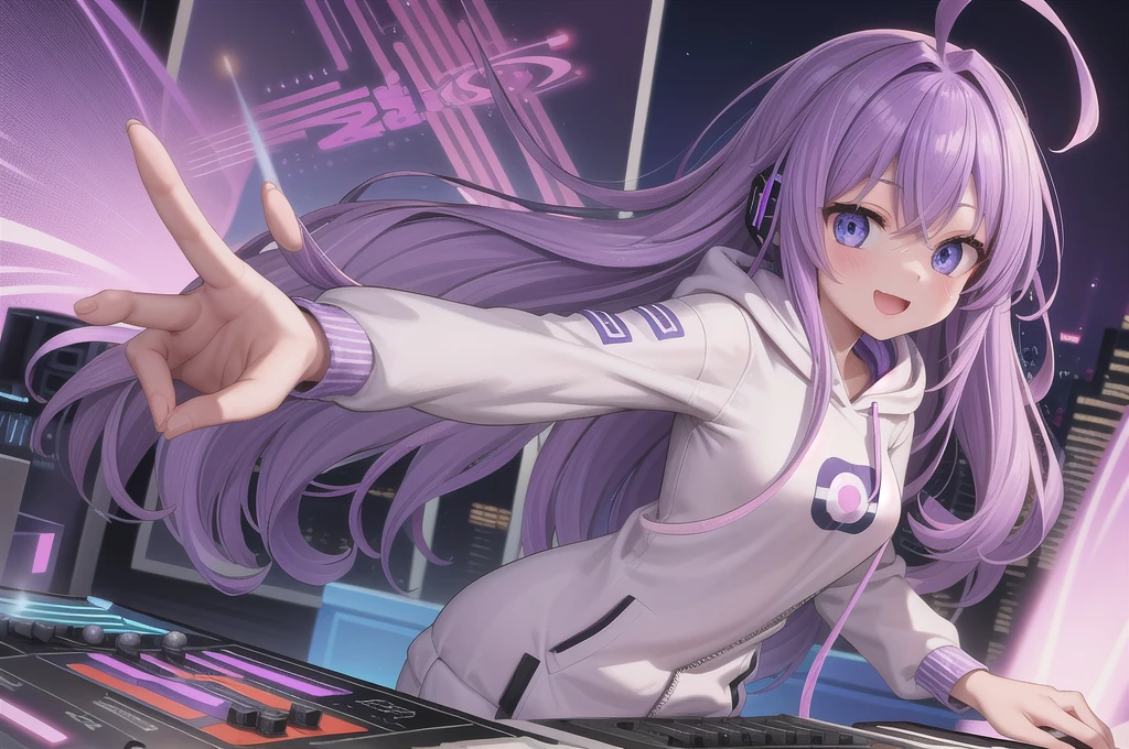 One girl, alone, 20-year-old, Blue Eyes, Purple Hair, Long, beautiful wavy hair, Ahoge, nice smile, White hoodie, Spectacular views, D Cup, Godley, headphone, Detailed DJ equipment, djing, masterpiece, Fine Fingers, 最high quality:1.4, high quality, detailed