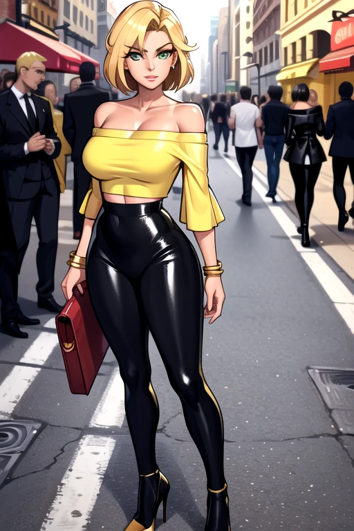 (Best quality: 1.0), (Super High Resolution: 1.0), beautiful mature 36 year old woman, standing at approximately 5'1" tall, tan-olive skin, blonde hair, green eyes, mascara, red lipstick, closed lips, closed mouth, slim physique, medium breasts, (Wearing: shiny black leggings and yellow off-shoulder top, golden bracelets and high heels) outside on New York street, cowboy shot, full body
