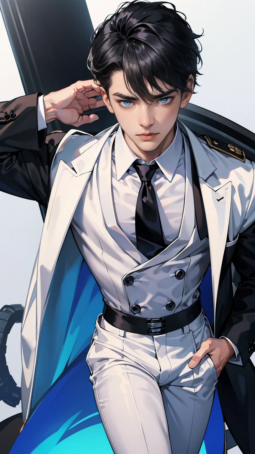 black hair boy, blue eyes, muscular, hot and sexy sweaty body, wearing elegant white shirt, tie, black pantaloon
