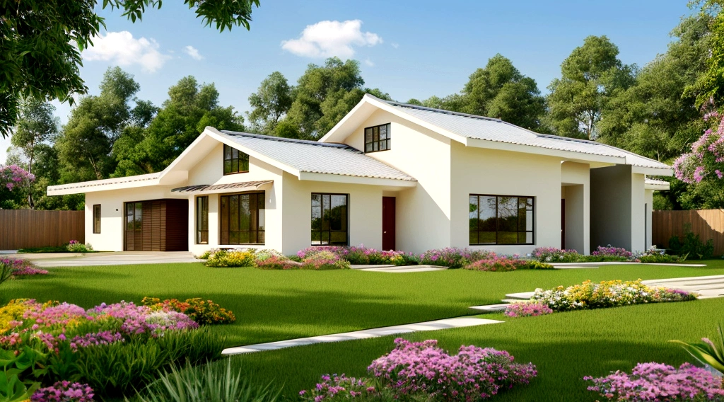 Exterior landscape of a modern one-story roadside house, Japanese tiled roof, creamy-yellow white walls, glass doors, glass railings, simple but elegant interior, surrounded by flowers and grass, blending together with nature, fresh air, natural light, surreal, high-end. -end. -quality images. Realistic images, 8K