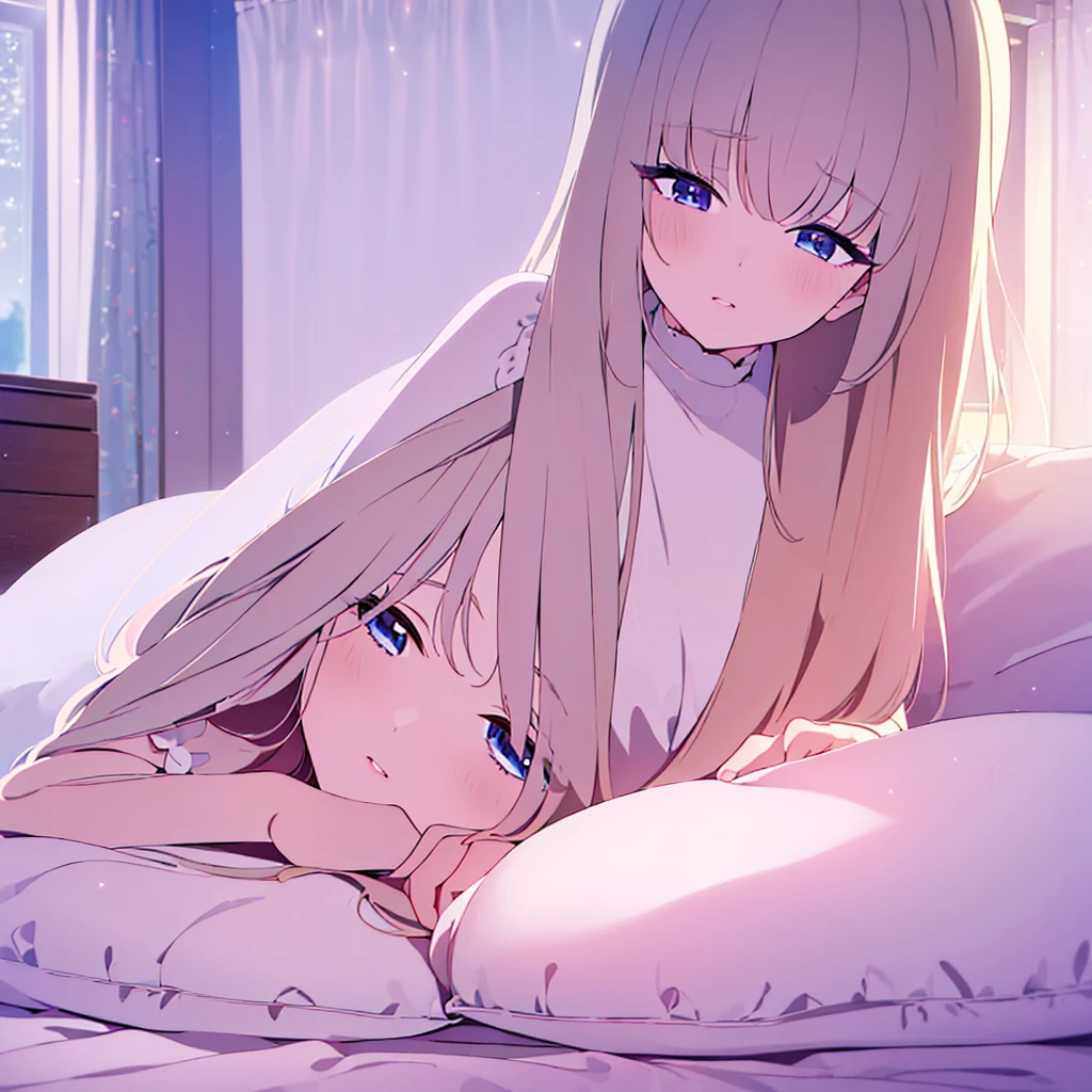 ((masterpiece)), ((Best Quality 4k)), (Ultra-detailed), anime style, cute, 1 girl lying on the bed, beautiful detailed eyes, beautiful detailed lips, extremely detailed face, long eyelashes, serene expression, soft lighting, pastel colors, dreamy atmosphere, peaceful, cozy bedroom interior, silk sheets, plush pillows, sunlight filtering through curtains