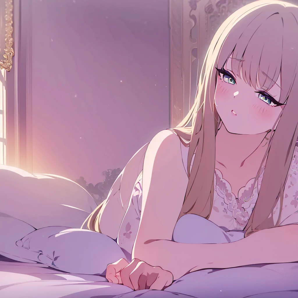 ((masterpiece)), ((Best Quality 4k)), (Ultra-detailed), anime style, cute, 1 girl lying on the bed, beautiful detailed eyes, beautiful detailed lips, extremely detailed face, long eyelashes, serene expression, soft lighting, pastel colors, dreamy atmosphere, peaceful, cozy bedroom interior, silk sheets, plush pillows, sunlight filtering through curtains