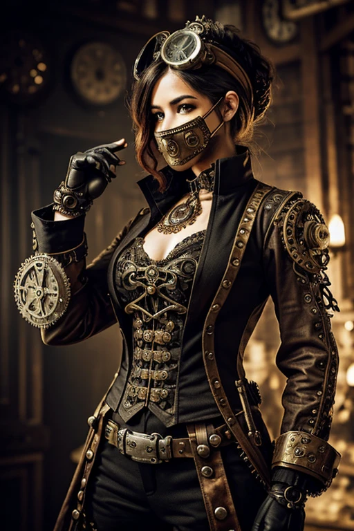 a steampunk character. The character is wearing a mask and outfit made of intricate gears and mechanical parts, with a blurred background. The overall tone is monochromatic, giving it an antique feel.