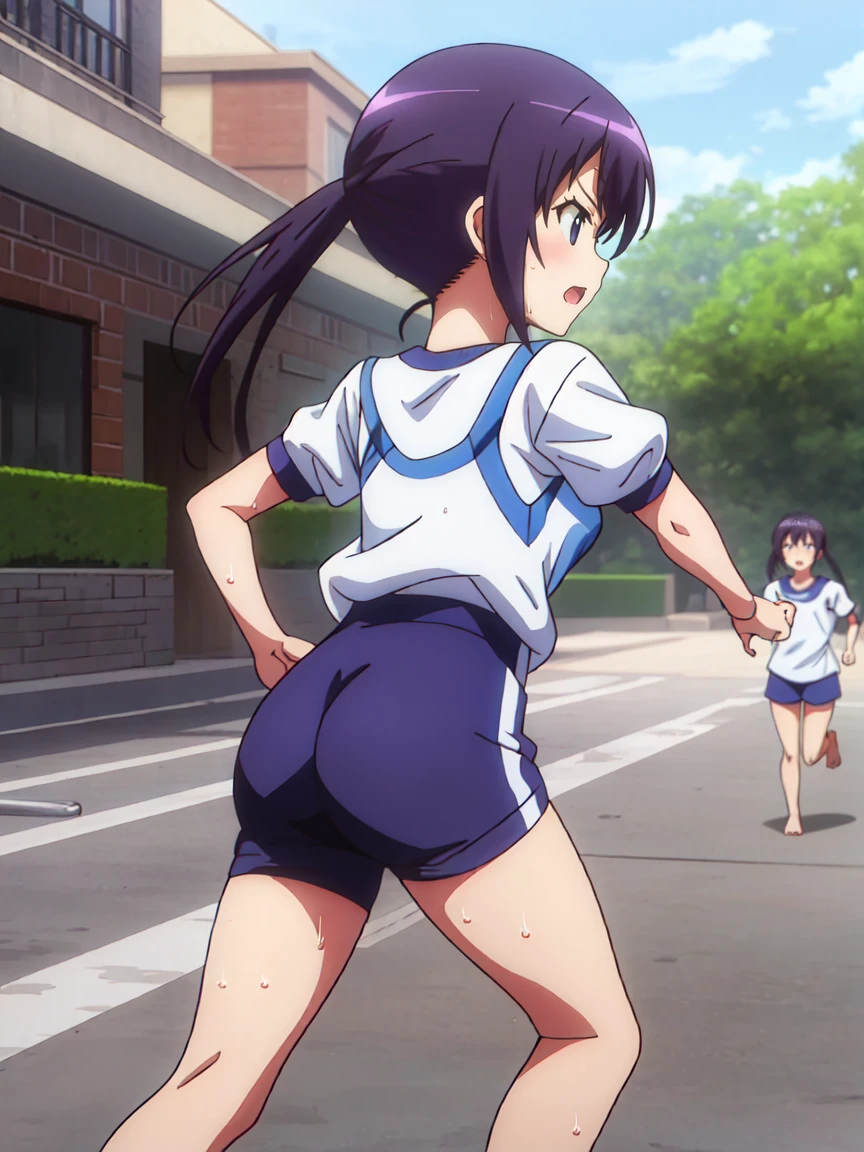 A girl with a tired expression、Let me dash around the schoolyard,girl running,gym shirts,Highest quality,back view,1990s anime style,White shirt and blue bloomers,Angry expression,barefoot,The girl is sweating、Running with a tired look,