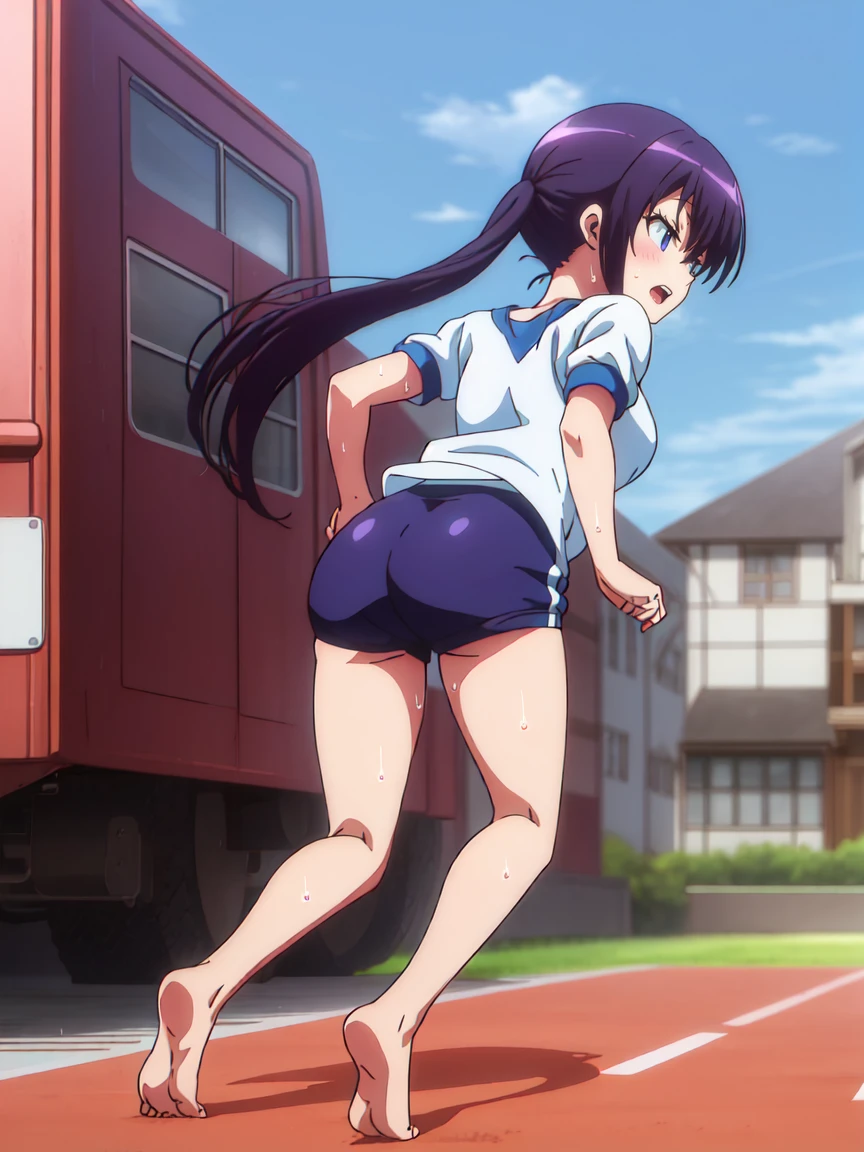 A girl with a tired expression、Let me dash around the schoolyard,girl running,gym shirts,Highest quality,back view,1990s anime style,White shirt and blue bloomers,Angry expression,barefoot,The girl is sweating、Running with a tired look,