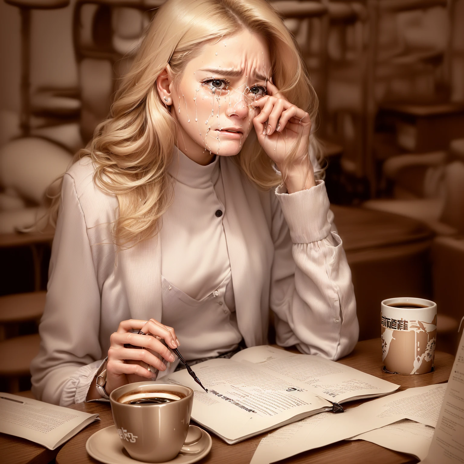Woman sitting at table with laptop and coffee, シャッターstock, Crying woman, Very tired woman, Trying to study, Upset and coffee does not work, The entire subject in the photograph, John cried., Struggling, Sick of it. fear、Touching mood, Annoyed face, stock画像, Annoyed expression, stock, Portrait Shot