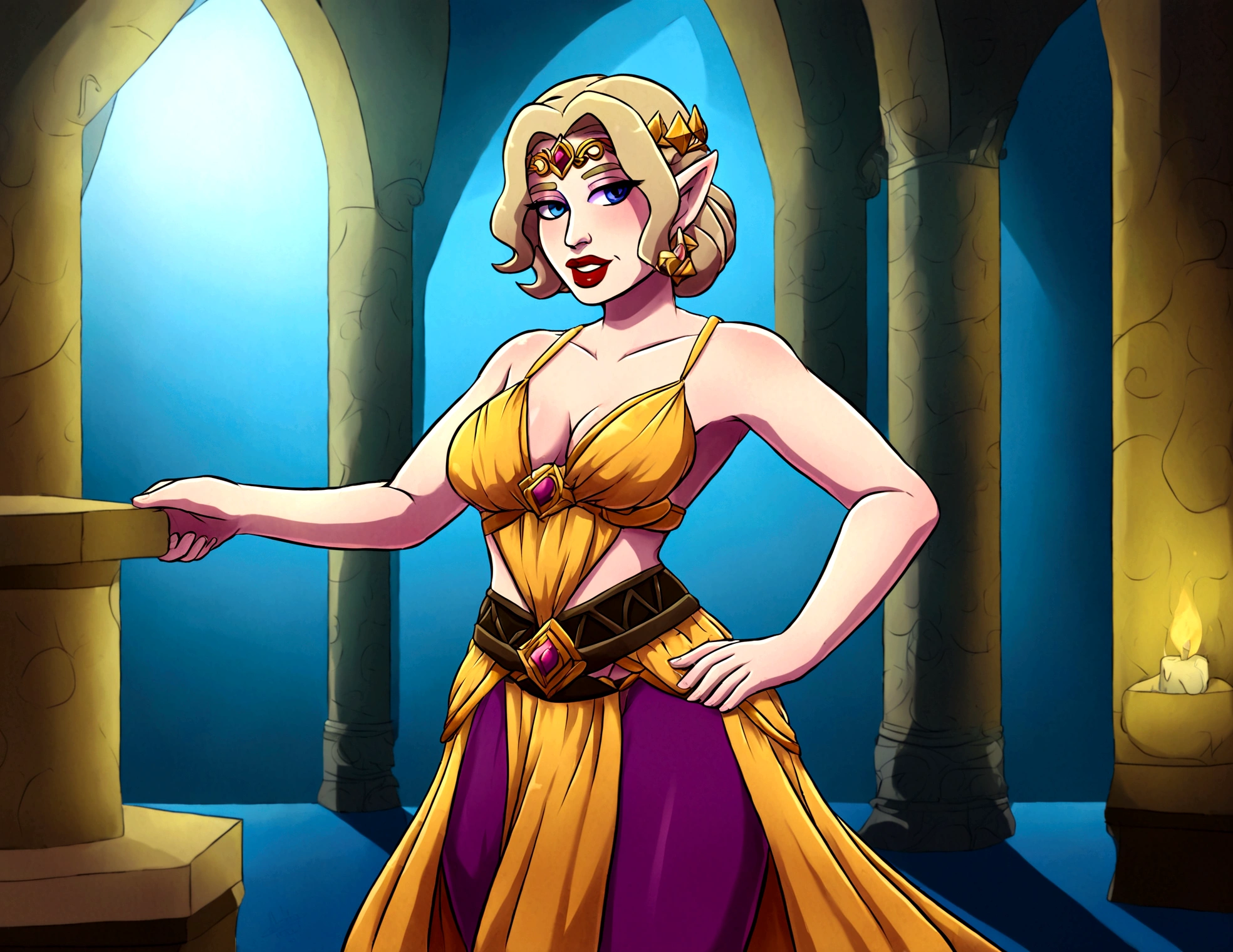 (Marilyn Monroe (age 25) sheer Zelda outfit), Damsel in distress in a lavishly appointed magic dungeon