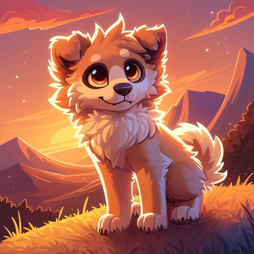 super fluffy puppy in dreamworks art style, evening background