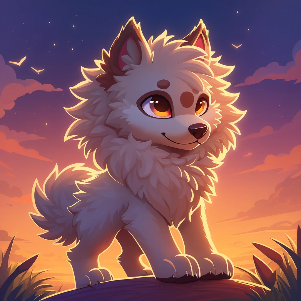 super fluffy puppy in dreamworks art style, evening background