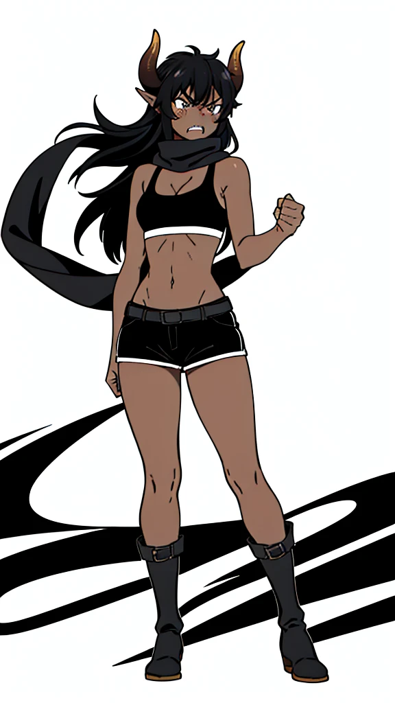 (1girl ,25s,adult,mature female),long hair, black hair,horns,elf ears,((black scarf)),cleavage,(((dark skin))),(black sports bra,black sports, shorts, midriff),leather boots,(white background, line drawing),pov,((angry)),standing, punch,from front,looking at view,cowboy shot