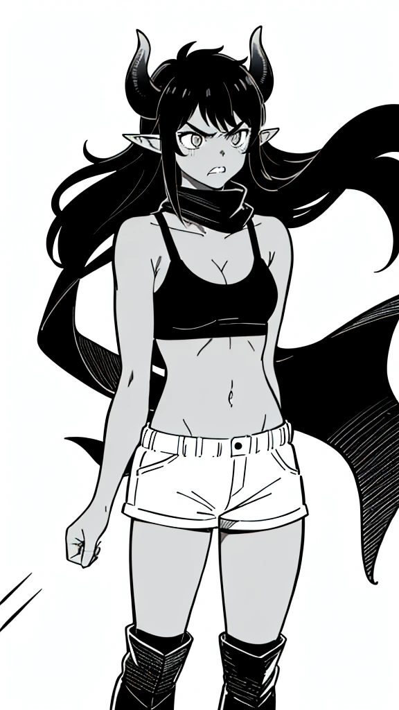 (1girl ,25s,adult,mature female),long hair, black hair,horns,elf ears,((black scarf)),cleavage,(((dark skin))),(black sports bra,black sports, shorts, midriff),leather boots,(white background, line drawing),pov,((angry)),standing, punch,from front,looking at view,cowboy shot