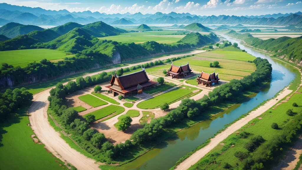 Beautiful scenery of ancient village in Myanmar. Aerial view. Photorealistic photos, High definition, 8K