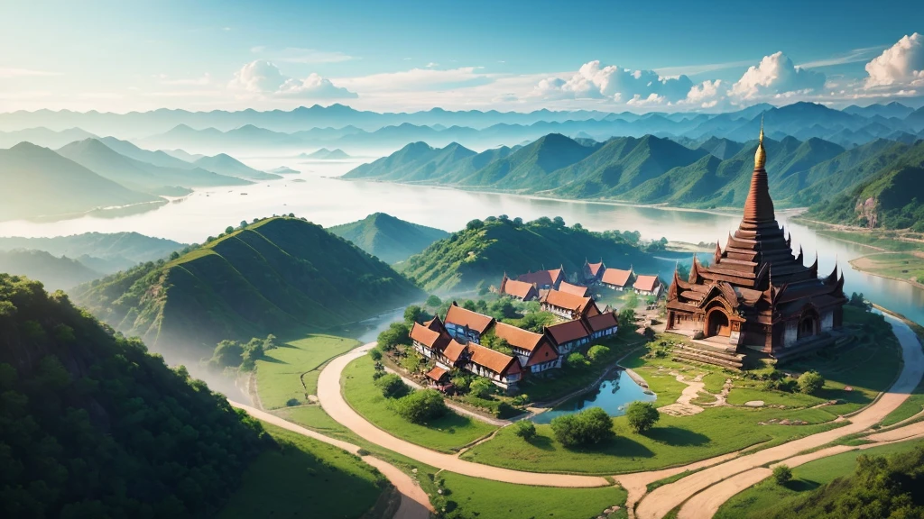 Beautiful scenery of ancient village in Myanmar. Aerial view. Photorealistic photos, High definition, 8K
