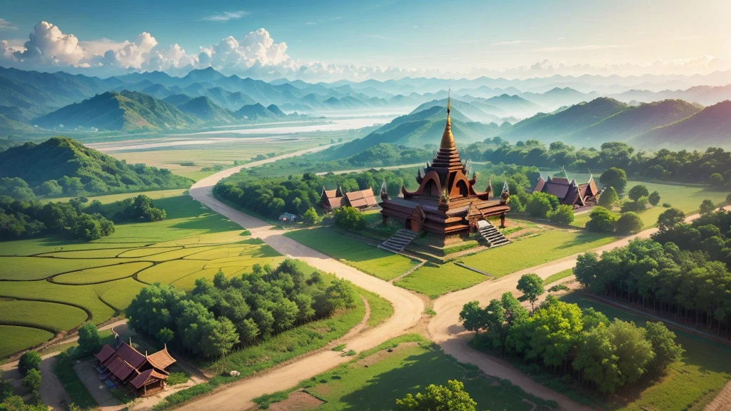 Beautiful scenery of ancient village in Myanmar. Aerial view. Photorealistic photos, High definition, 8K