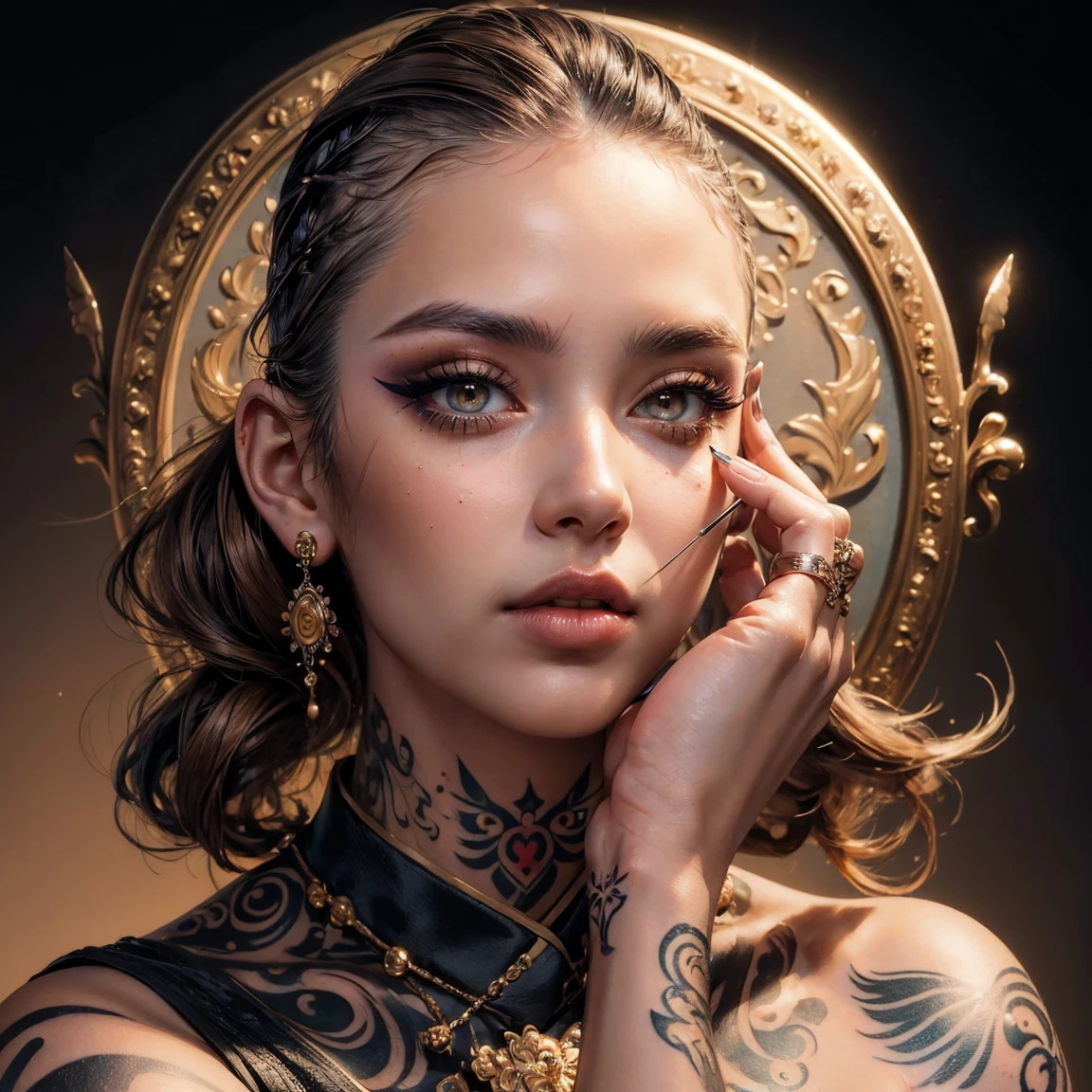 NSFW, (Masterpiece, Best Quality:1.5), Illustration, Ultra-detailed, finely detail, Hight resolution, 8K Wallpaper, Perfect dynamic composition, cinematic lighting, portrait, looking at viewer, Beautiful detailed eyes, Sexy face, Perfect beautiful hands, Raw real photos, beautiful realistic face, beautiful face, perfect face, highly detailed beautiful face and eyes, attractive face, detailed face, delicate facial features, detailed skin, shiny skin, perfect anatomy, highly detailed background, BREAK, (full body, sitting:1.5), (Shaved head:1.3), (professional make-up, eyeshadow, lash extensions, lips:1.4), (traditional tattoo:1.4), (pâtissier uniform:1.6)