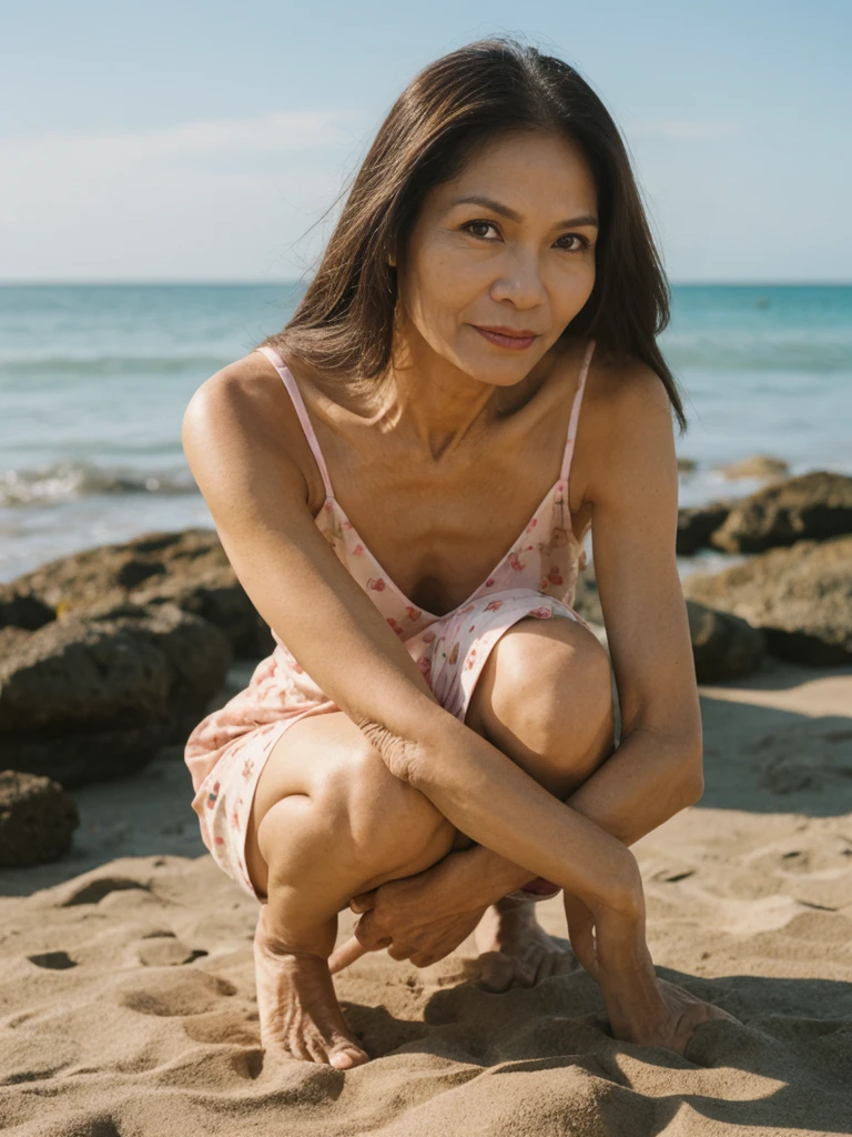 RAW PHOTO, her name is Dolores, high quality, 1 old woman, ((58-year-old slim filipina woman)), (((58 years old))), ((slim body)), ((wrinkled body)), (((old body))), (((long hair))), she is wearing a modest stylish Generation X flowy sundress, POSE: kneeling, seductive, alluring, BREAK, BACKGROUND: outdoor, beach film grain 