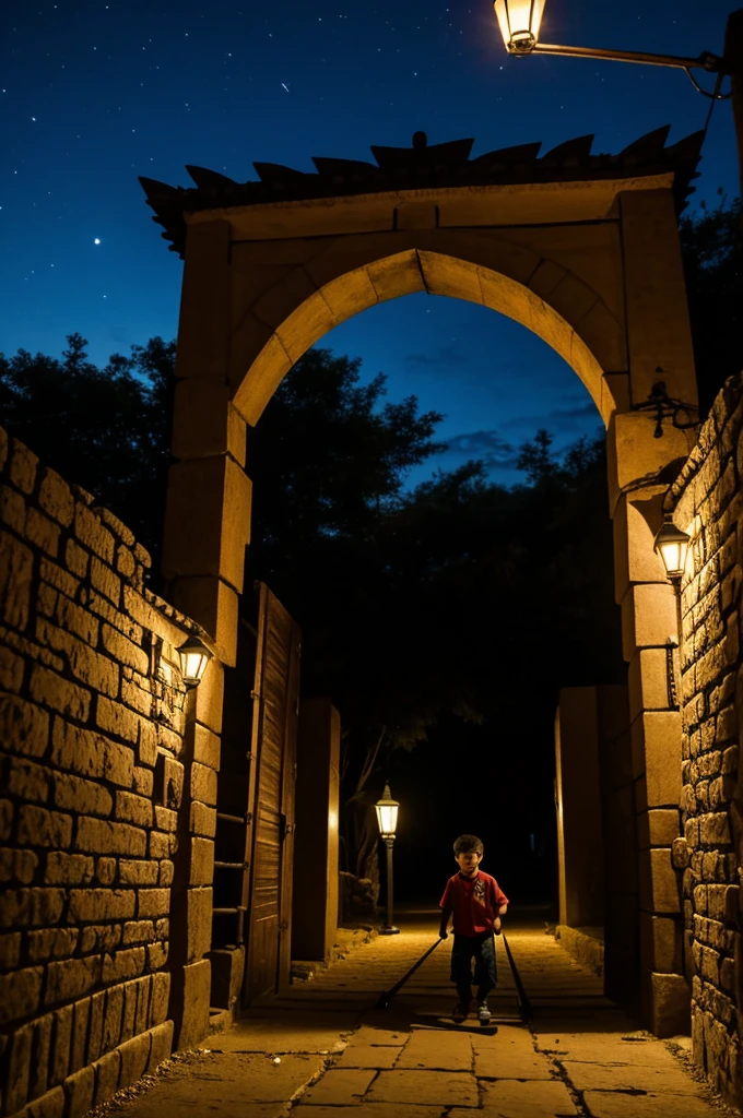Boy in the boqie haicnedo stops a cart that goes through a portal at night