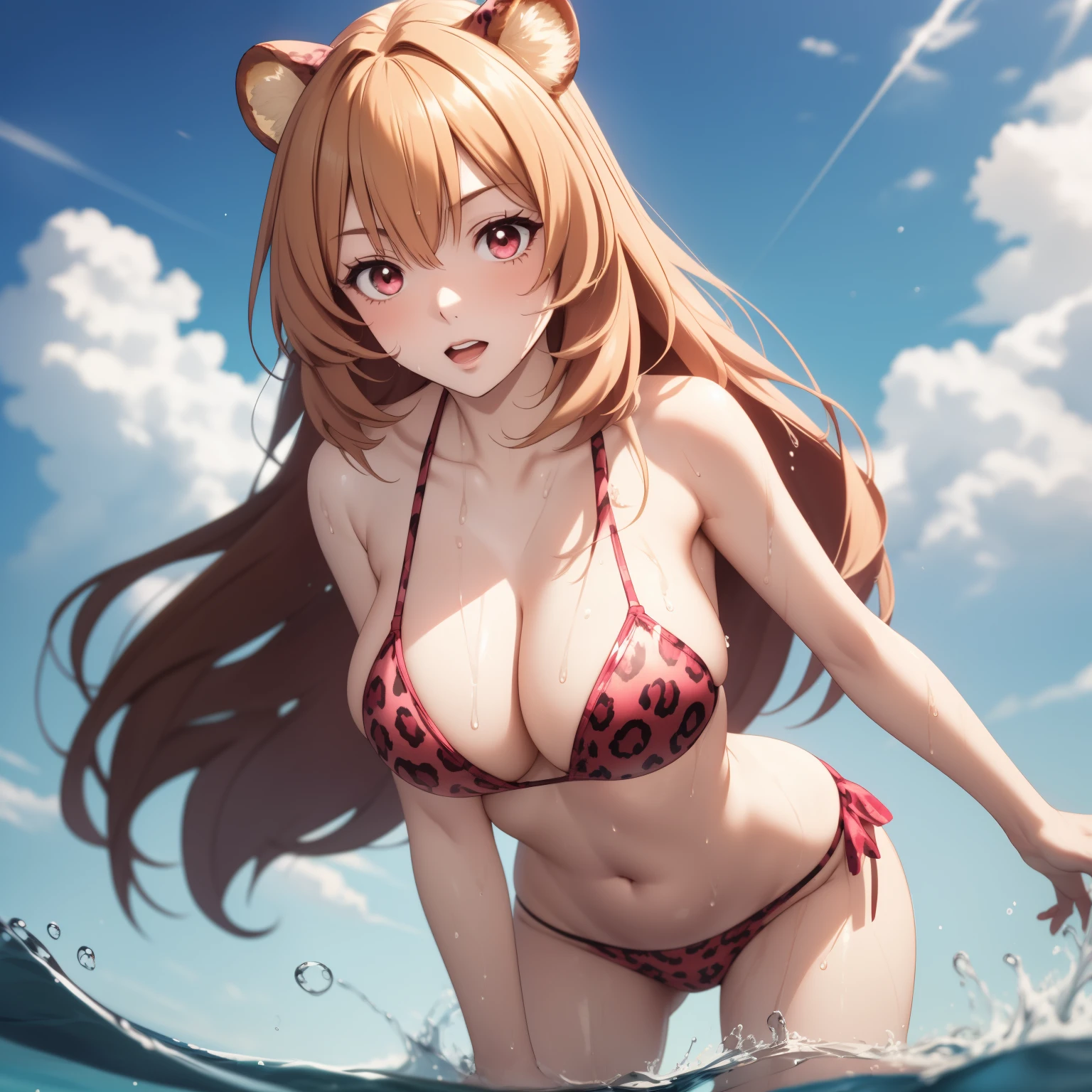 Raphtalia woman 24 years old, blond hair, blonde , round bear ears, red eyes like ruby.,big breasts, pink leopard print bikini, accessories, blonde, WET BODY, splashing water, bottom the sea, standing , stop, whole body.