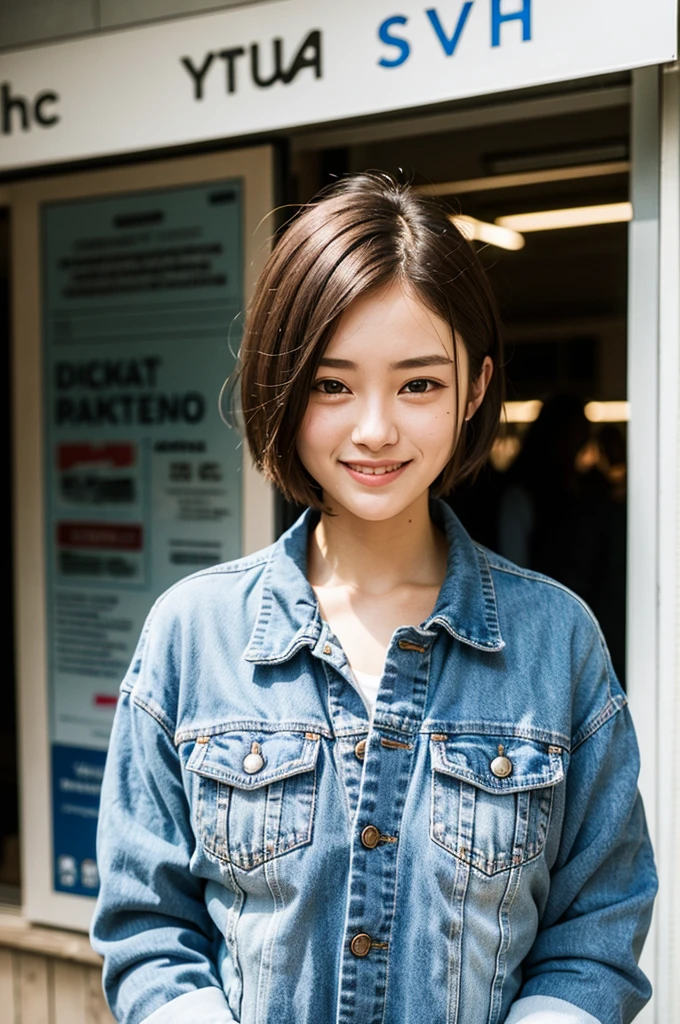 Top quality, 1 beautiful woman, super short hair, blonde hair, Denim Jacket , shy-smile, Sunlight