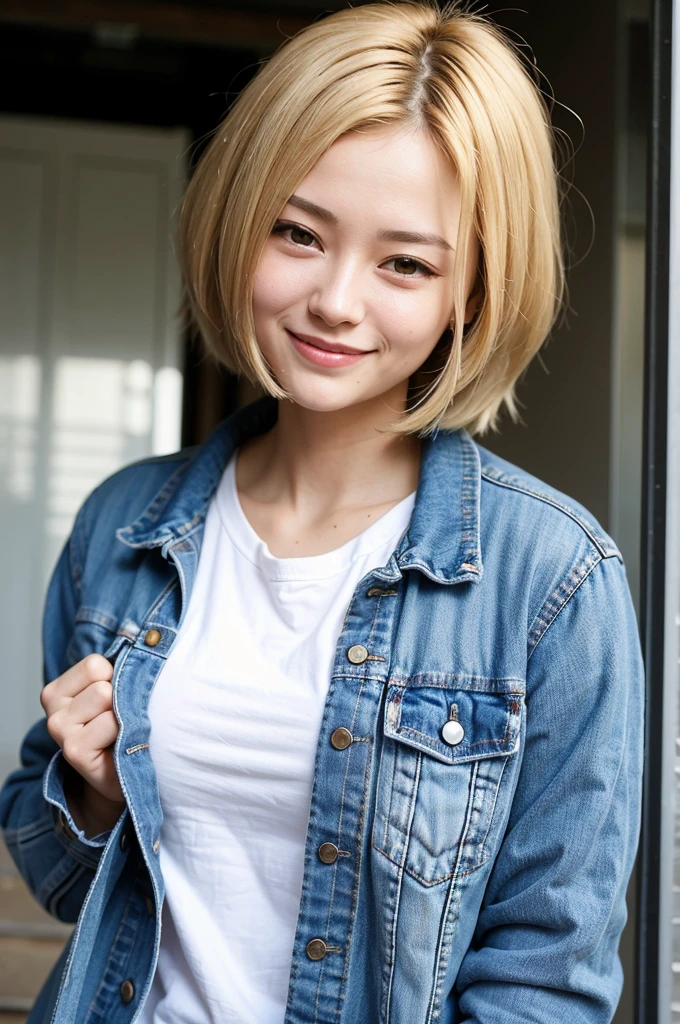 Top quality, 1 beautiful woman, super short hair, blonde hair, Denim Jacket , shy-smile, Sunlight