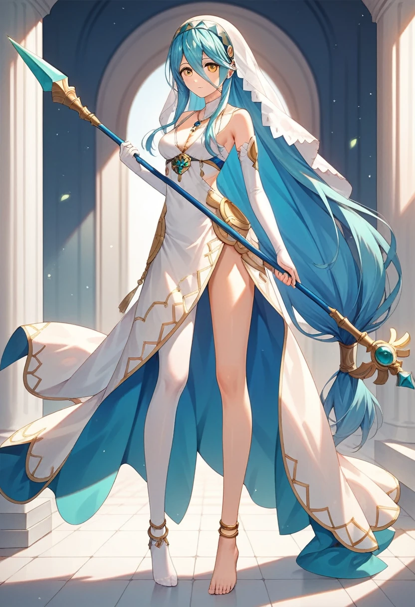 masterpiece, Highest quality, Very detailed, score_9, score_8_upper, score_7_upper, score_6_upper, アニメ, Aqua(Fire emblem), azura_(FEif), Low-tied_long_hair, light_blue_hair, Yellow Eyes, Asymmetrical legwear, barefoot, Opera Gloves, pendant,White legwear, Single bare leg, White Dress, hair band, Long hair between the eyes, Gold Anklet, Veil, Beautiful Eyes, Perfect Face, Perfect hands, Perfect Fingers, medium breasts, Very beautiful long legs, Thighs, spear, Have a weapon, standing at attention