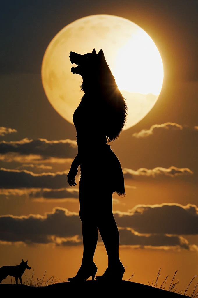 Silhouette of a howling woman and that silhouette, the silhouette of a howling wolf, in the background you can see a bright sun