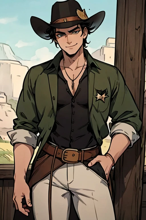 Perfect face, Perfect hands. A black haired male cowboy with green eyes in a sheriff's outfit is smiling while leaning forward in the wild west town
