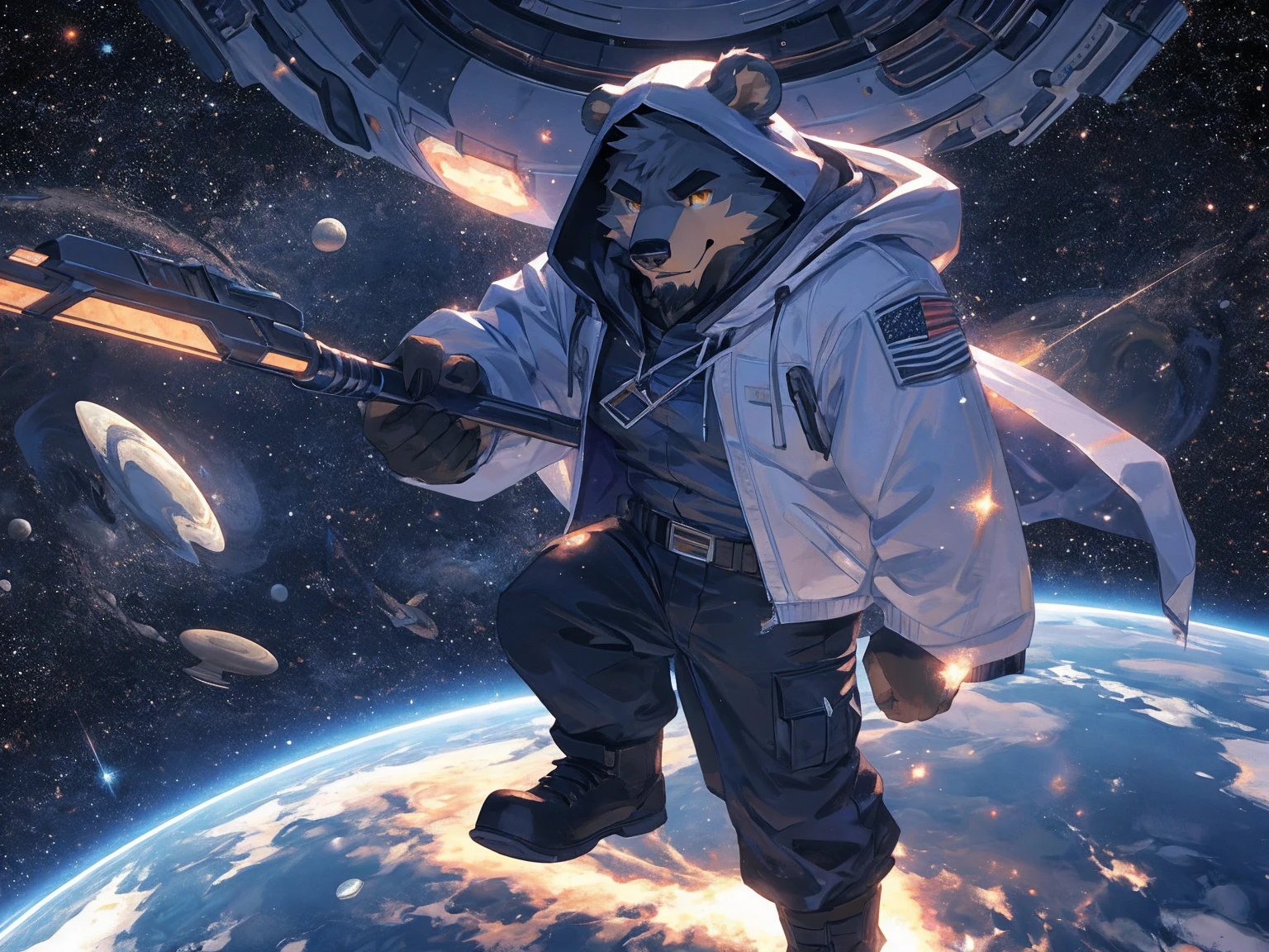 (masterpiece:1.2), best quality,pixiv,official art,perfect anatomy, (Ray tracing, light),solo, (1_male:1.3) , (muscle), (grey fur:1.4), (muscle bear), (beard:1.2), (gleaming golden eyes), bear tail, full body, Thick black eyebrows,(open hooded parka), (naked inside), (cargo pants:1.2), boots , (in the space:1.3) , star , planet , earth , asteroid , future , light flow ,(character floating :1.3)