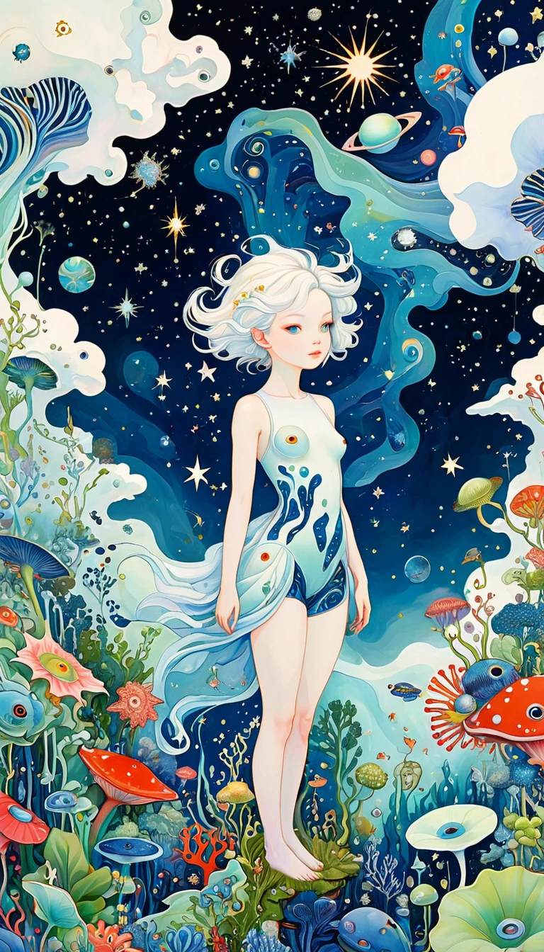 (((James Jean styles))),microorganism、plant、Marine life、Eye、Starry Sky,Stitching together an abstract painting,Describing the inner world of autistic people,Sense of space,White Space,interesting,Innocence,Psychedelic Art