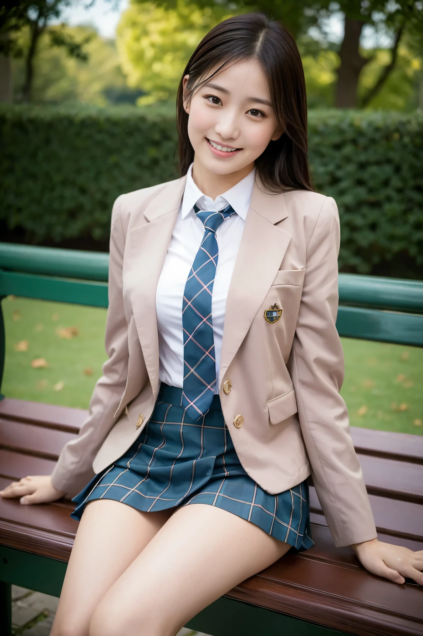 (8K), (highest quality: 1.2), (Realistic), (Realistic: 1.37), Ultra-high resolution, 1 girl, cute, (Embarrassed smile:1.2), (Blushing:1.4),Mouth closed, Beautiful details, Beautiful Nose, Wet Hair, giant dulcefo, pork, Thighs,Navel exposed,University Student Uniform,(A simple blazer:1.2),Pleated skirt,(The skirt and tie are tartan check pattern.:1.3),ローファー, (sitting on a park bench:1.2),(Shiny Thighs:1.2), medium shot 
