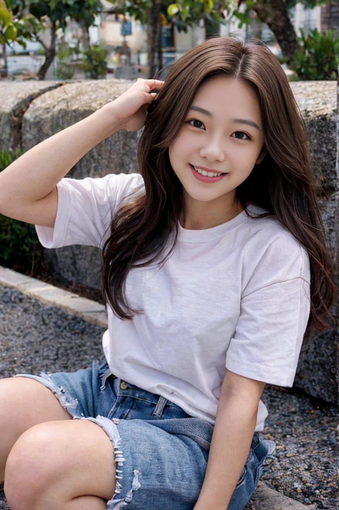 20years .cute.girl.brown long hair.relax smile.natural.