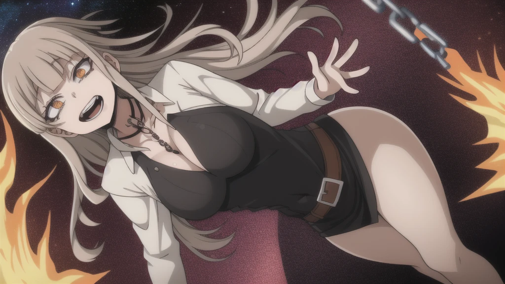 boku no hero academy style, original character, 1 girl, Idol, female UA uniform, long wavy brown hair with reddish gradient at the ends, golden slit eyes with star, yuei in the background, hero costume, sweet little face, open mouth smiling, peach lipstick, lilac eyeshadow with glitter, black gothic chocker neck accessory, black color blouse with long sleeves, gothic outfit, black shaded skirt with a dark belt with chains, in the background of the AU, white skin, beautiful and attractive, good body, prominent bust, wide hips, with powers of space, darkness and fire, sexy, sensual and dominant aura, seductive and challenging look, tsundere