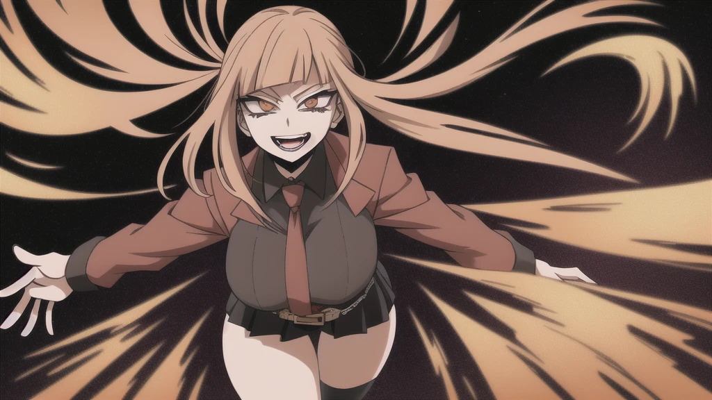boku no hero academy style, original character, 1 girl, Idol, female UA uniform, long wavy brown hair with reddish gradient at the ends, golden slit eyes with star, yuei in the background, hero costume, sweet little face, open mouth smiling, peach lipstick, lilac eyeshadow with glitter, black gothic chocker neck accessory, black color blouse with long sleeves, gothic outfit, black shaded skirt with a dark belt with chains, in the background of the AU, white skin, beautiful and attractive, good body, prominent bust, wide hips, with powers of space, darkness and fire, sexy, sensual and dominant aura, seductive and challenging look, tsundere