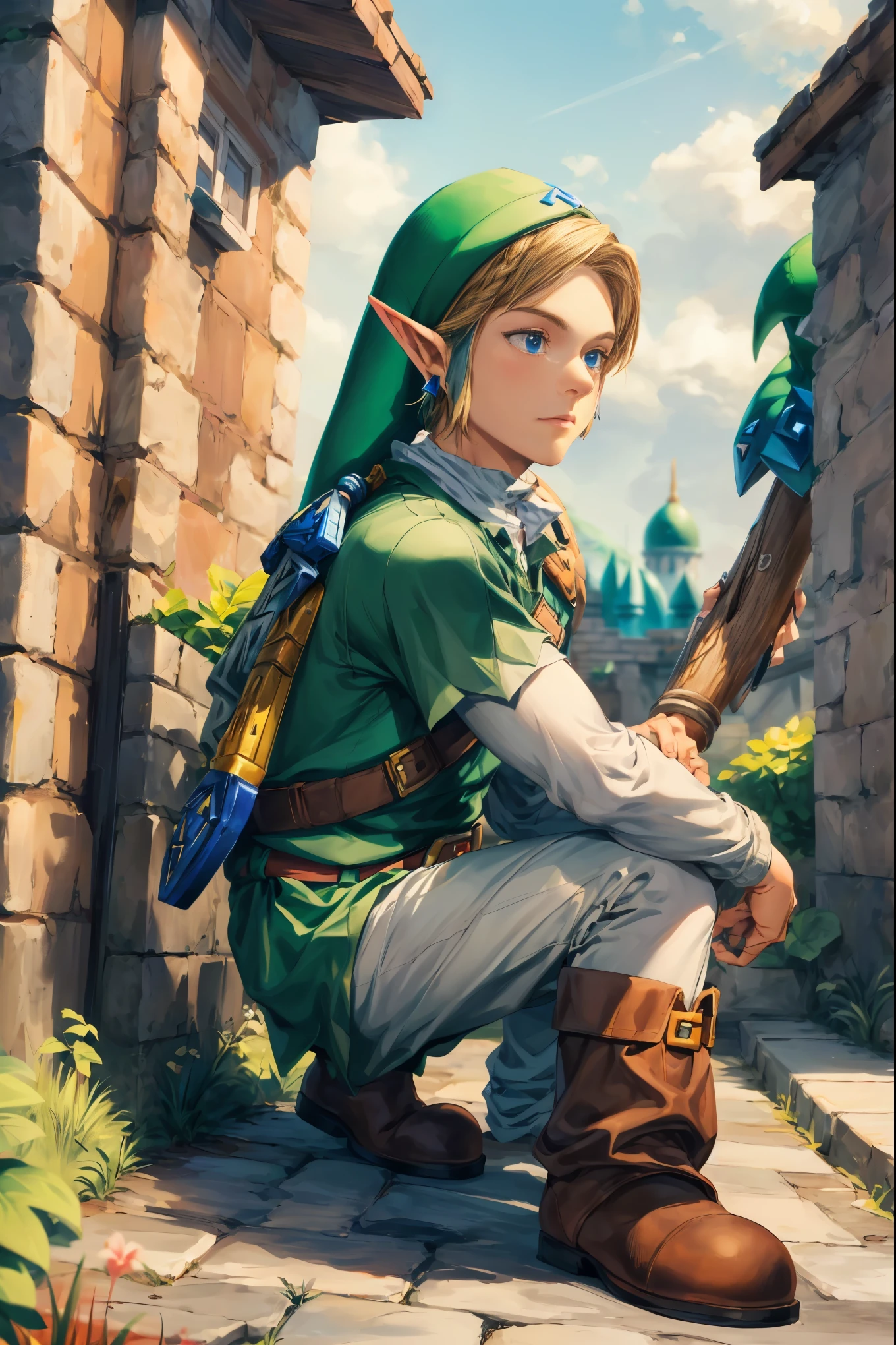 full body shot:1.3, realist, (Masterpiece, Superior quality, Best Quality, Official Arts,), Very detailed, more detailed, (1 elfo adulto The Legend of Zelda:1.5), gods, by rubio, Mysterious, Handsome man, green hood, Brown boots, leather belt,((Zelda style)), Meadow, Streets of the city, Shepherds, pale green clothing, decorations on clothes, individual braids,