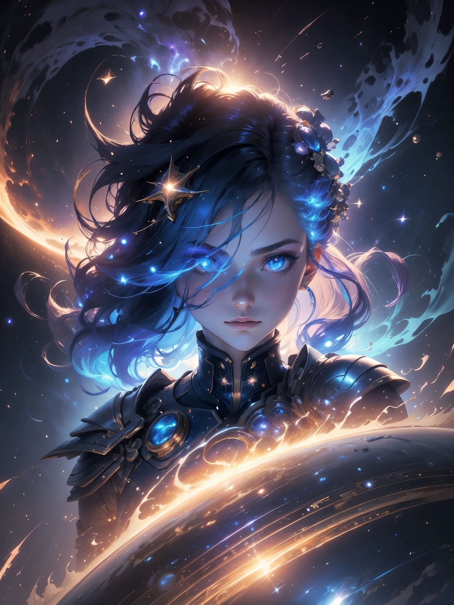 best qualityer, detailded, 4K, CRU photo, work of art, detailded face,, stele, planetes, Galaxy, space,, a photo of anycemar flying in space, hair blue, bangss, long hair, gazing at viewer,