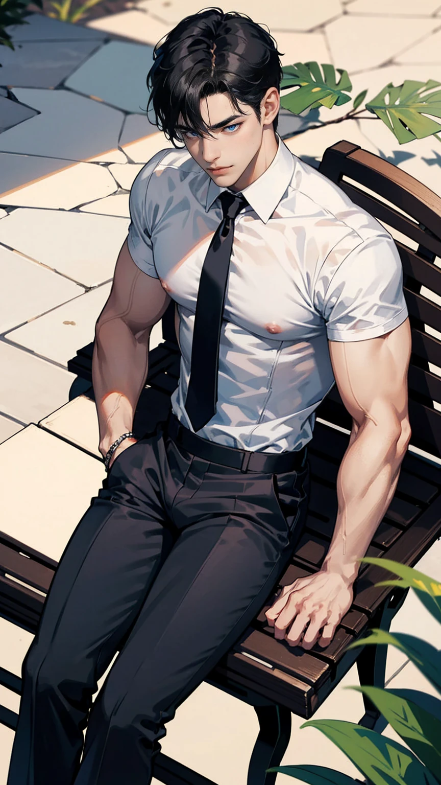 black hair boy, blue eyes, muscular, hot and sexy sweaty body, wearing elegant white shirt, tie, black pantaloon, sitting on a bench
